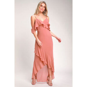Lulus Caden Rusty Rose Off-the-shoulder Ruffled Maxi Dress Pink - Size S